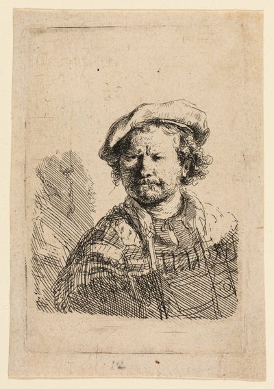 Düz Şapkalı ve İşlemeli Elbiseli Otoportre by Rembrandt van Rijn
