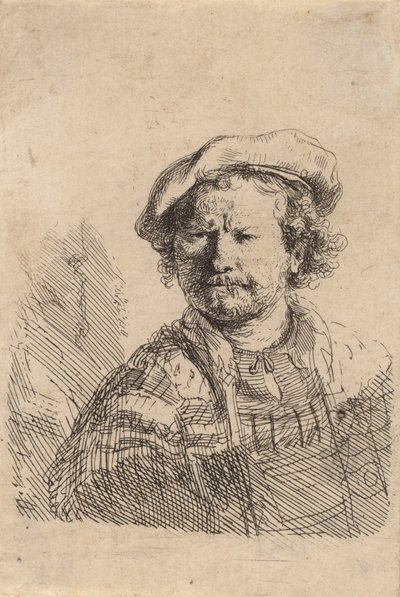 Düz Şapkalı ve İşlemeli Elbiseli Otoportre, c. 1642. by Rembrandt van Rijn