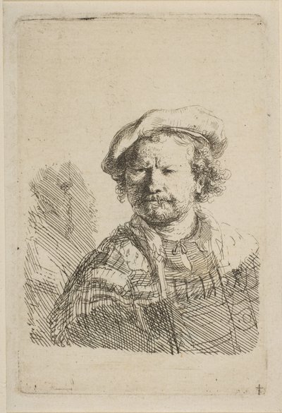 Düz Şapkalı ve İşlemeli Elbiseli Otoportre, yakl. 1642. by Rembrandt van Rijn