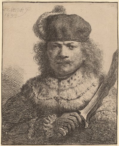 Yükseltilmiş Kılıçlı Otoportre by Rembrandt van Rijn