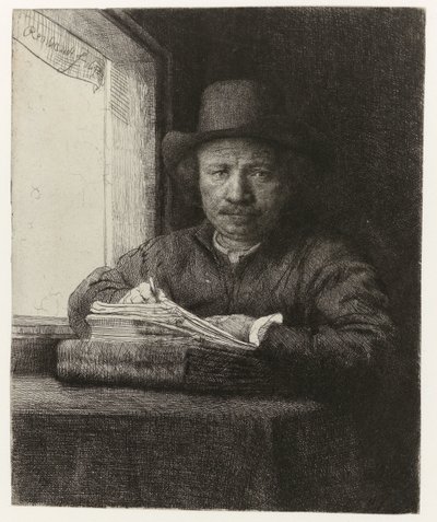 Otoportre, Pencerede Gravür Bir pencerede kendi kendine portre gravürü by Rembrandt van Rijn