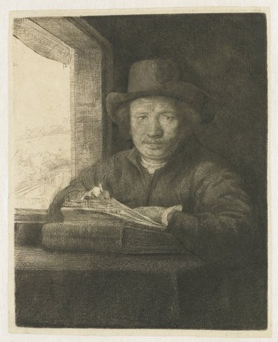 Bir pencerede kendi kendine portre gravürü by Rembrandt van Rijn