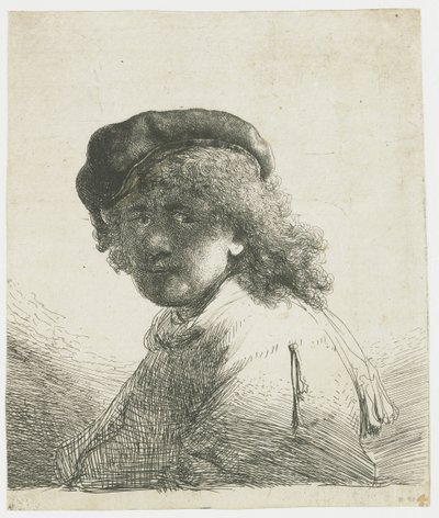 Şapkalı ve atkılı, yüzü koyu renkli otoportre: büst by Rembrandt van Rijn