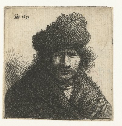 Eğik kürk şapkalı otoportre: büst by Rembrandt van Rijn