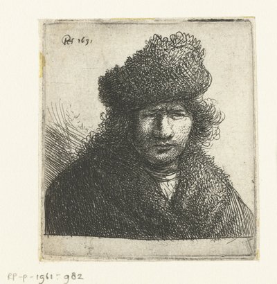 Eğik kürk şapkalı otoportre: büst by Rembrandt van Rijn