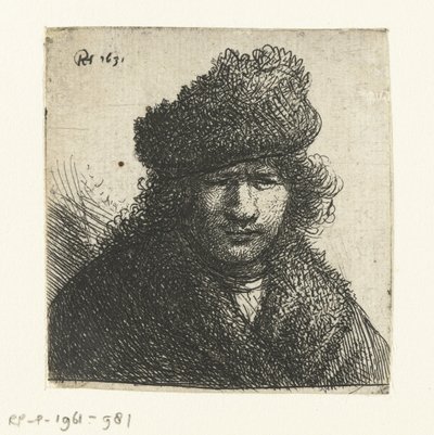 Eğik kürk şapkalı otoportre: büst by Rembrandt van Rijn