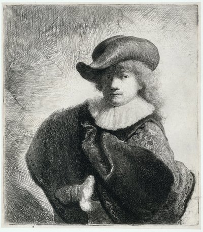 Yumuşak şapkalı ve işlemeli pelerinli otoportre, 1631. by Rembrandt van Rijn