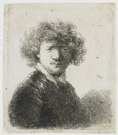 Kıvırcık saçlı ve beyaz yakalı otoportre: büst by Rembrandt van Rijn