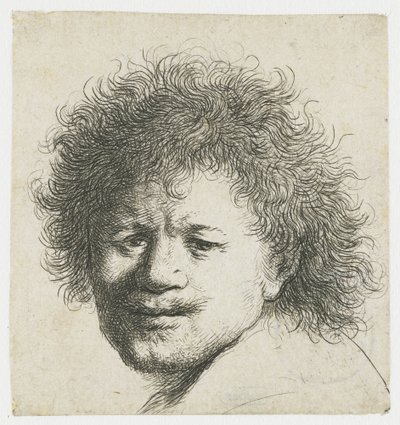 Uzun gür saçlı otoportre: sadece kafa by Rembrandt van Rijn