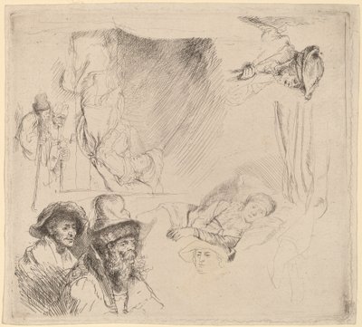 Yatakta Hasta Yatan Bir Kadını İçeren Çalışmalar Sayfası by Rembrandt van Rijn