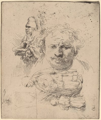 Sanatçının Başkanı, Bir Dilenci Adam, Kadın ve Çocuk ile Çalışma Sayfası by Rembrandt van Rijn