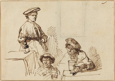 Bir Tavernadan Eskizler: Ayakta Duran Kadın ve Oturan İki Adam by Rembrandt van Rijn