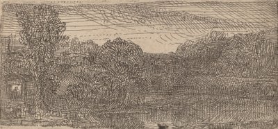 Küçük Gri Peyzaj: Bir Ev ve Bir Havuzun Yanında Ağaçlar, c. 1640. by Rembrandt van Rijn