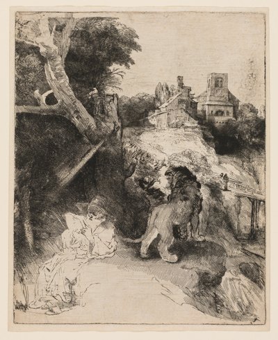 Bir İtalyan Manzarasında Aziz Jerome Okuma by Rembrandt van Rijn