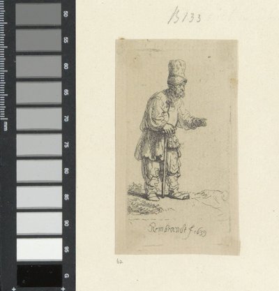 Yüksek Başlığıyla Ayakta Duran, Bir Çubuğa Yaslanmış Çiftçi Recueil de quatre-vingt-cinq orijinalleri estampes (seri başlığı) by Rembrandt van Rijn