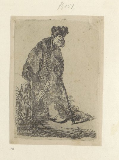 Staande adam bontmuts een lange mantel koyar Seksen beş orijinal baskının toplanması (seri başlığı) by Rembrandt van Rijn