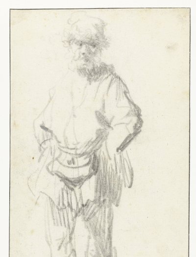 Bir Kese ile Ayakta Adam by Rembrandt van Rijn