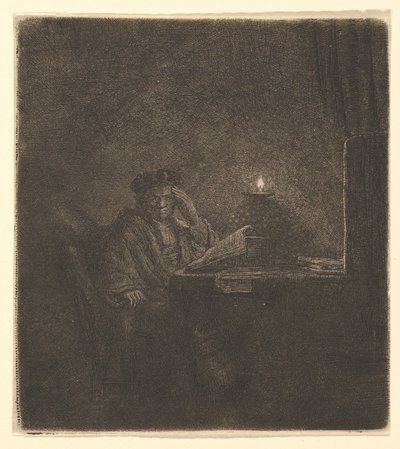 Mum Işığında Bir Masada Öğrenci, ca. 1642. by Rembrandt van Rijn