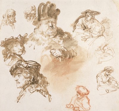 Yaşlı Adam Kafaları ve Çocuklu Üç Kadın Çalışmaları, c.1635-36 (kağıt üzerinde mürekkep ve yıkama) by Rembrandt van Rijn