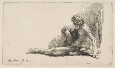 Çıplaktan Çalışma: Yerde Oturan, Tek Bacak Uzatılmış Adam, 1646. by Rembrandt van Rijn