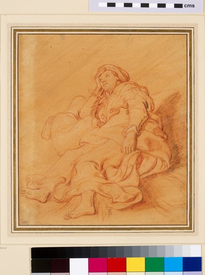 Rachel Figürü Çalışması, c.1621 (turuncu kağıt üzerine siyah ve beyaz tebeşir ile kırmızı tebeşir) by Rembrandt van Rijn