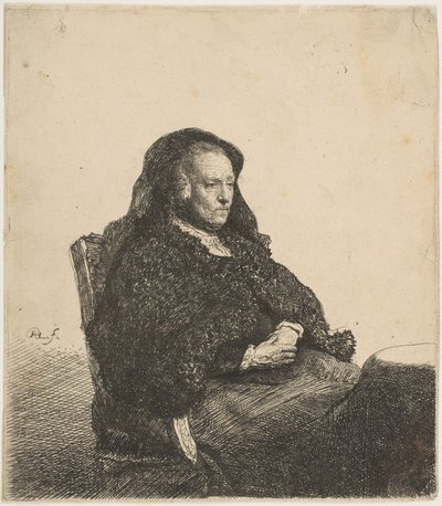 Sanatçının Annesi Bir Masada Oturmuş Sağa Bakıyor: Üç Çeyrek Boy, yakl. 1631. by Rembrandt van Rijn
