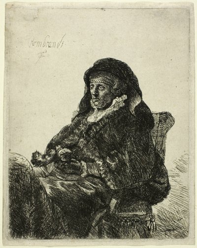 Sanatçının Annesi Bir Masada Oturmuş, Sağa Bakıyor: Üç Çeyrek Boy by Rembrandt van Rijn