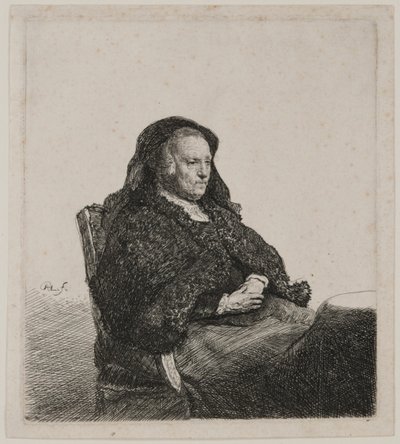 Sanatçının Annesi Bir Masada Oturmuş, Sağa Bakıyor: Üç Çeyrek Boy by Rembrandt van Rijn