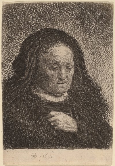 Sanatçının Eli Göğsünde Annesi by Rembrandt van Rijn