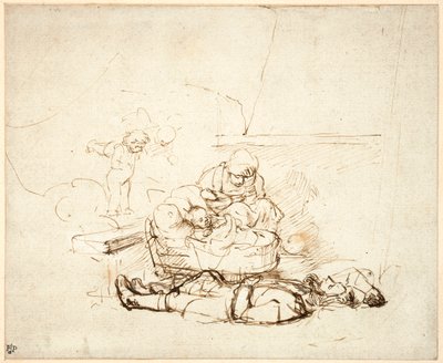 Kutsal Aile uyuyor, meleklerle, 1645 (kağıt üzerine guaj boya ile kalem ve mürekkep) by Rembrandt van Rijn