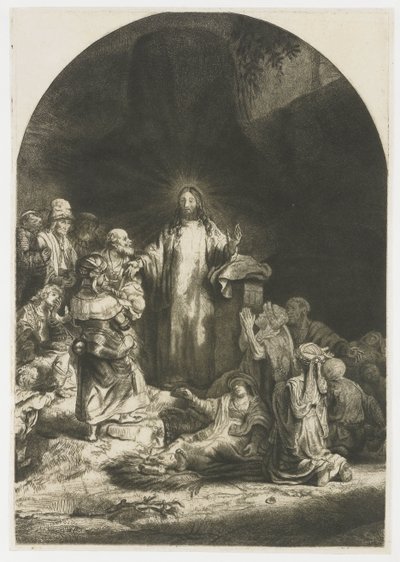 Yüz Guilder Baskısı: İsa'nın vaaz ettiği merkezi parça, plaka kemerli by Rembrandt van Rijn