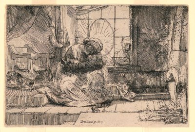 Pencerede Kedi ve Yusuf ile Bakire ve Çocuk by Rembrandt van Rijn