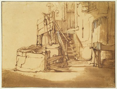 Çiftlik evinin önündeki kuyu (kalem ve kahverengi mürekkep ve kağıt üzerine kahverengi yıkama) by Rembrandt van Rijn