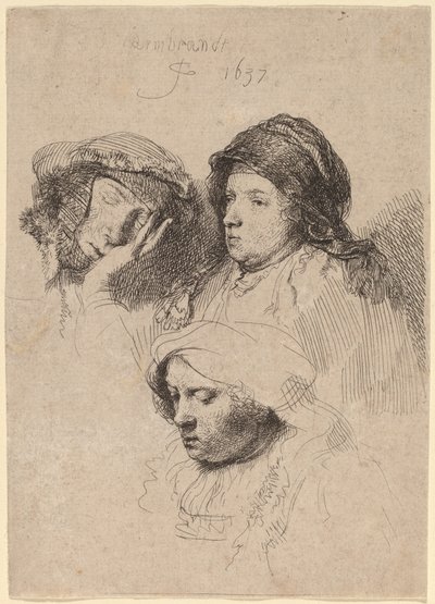 Üç Kadın Başı, Bir Uykuda by Rembrandt van Rijn