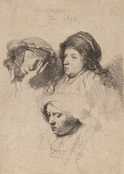 Üç Kadın Başı, Bir Uykuda, 1637. by Rembrandt van Rijn