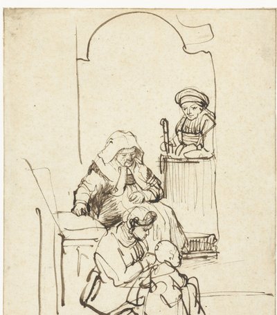Kapının Yanında Üç Kadın ve Bir Çocuk by Rembrandt van Rijn