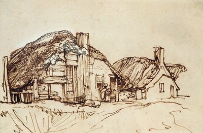 Pencerede Figürlü İki Sazdan Kulübe by Rembrandt van Rijn