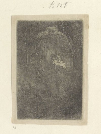 Kadın bir kapıda, çocuklu bir adamla konuşuyor Recueil de quatre-vingt-cinq orijinalleri estampes (seri başlığı) by Rembrandt van Rijn