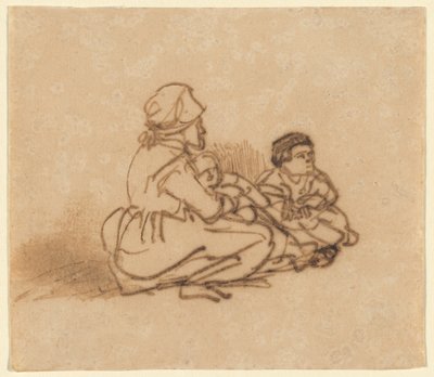 İki Çocuklu Yerde Oturan Kadın by Rembrandt van Rijn