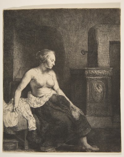 Bir Sobanın Yanında Yarı Giyinmiş Oturan Kadın, 1658. by Rembrandt van Rijn