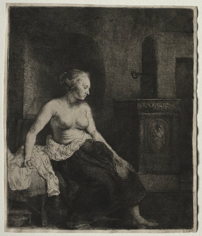 Sobanın Yanında Yarı Giyinmiş Oturan Kadın by Rembrandt van Rijn