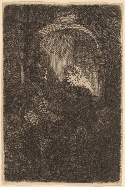 Kapıda Bir Kadın Bir Erkek ve Çocuklarla Konuşuyor (Okul Müdürü) by Rembrandt van Rijn