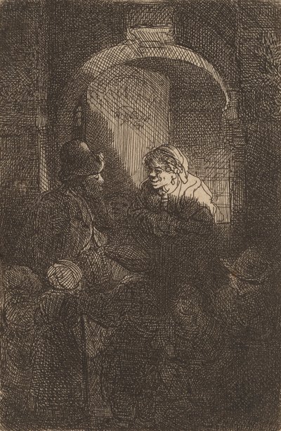 Kapıda Bir Kadın Bir Erkekle Konuşuyor ve Çocuklar Okul Müdürü, 1641. by Rembrandt van Rijn