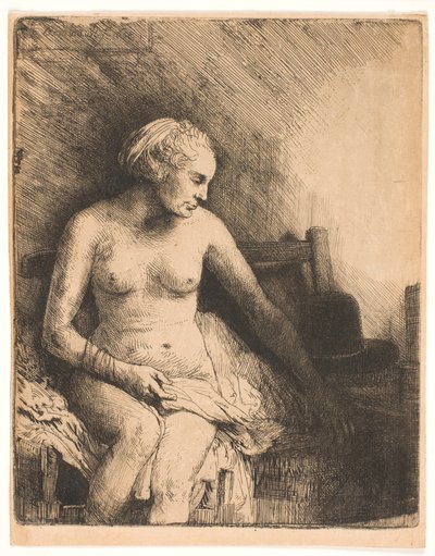 Kadının yanında bir şapka ile banyoda by Rembrandt van Rijn
