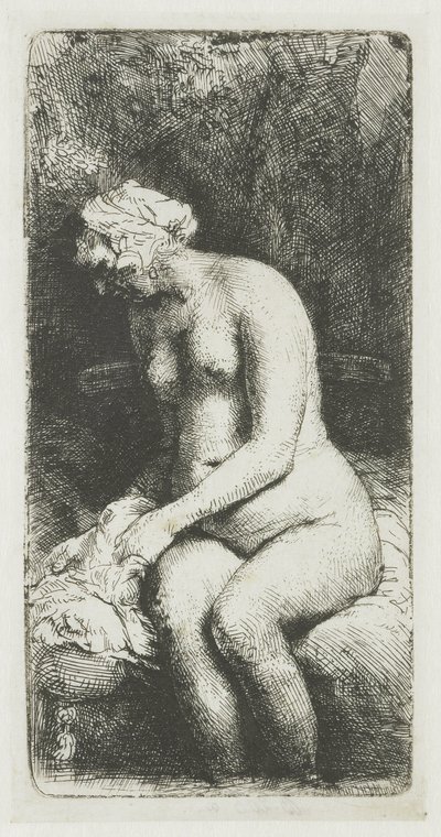 Bir derede ayaklarını yıkayan kadın by Rembrandt van Rijn