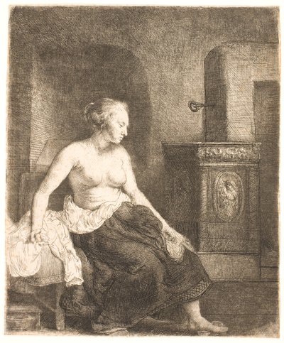 Bir sobanın yanında yarı giyinik oturan kadın by Rembrandt van Rijn