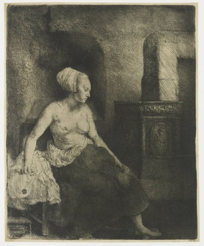 Bir sobanın yanında yarı giyinik oturan kadın by Rembrandt van Rijn