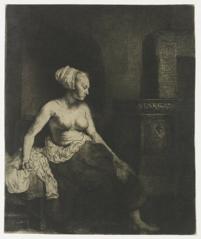Bir sobanın yanında yarı giyinik oturan kadın by Rembrandt van Rijn