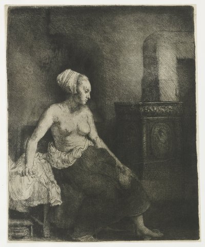 Bir sobanın yanında yarı giyinik oturan kadın by Rembrandt van Rijn