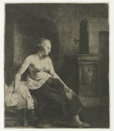 Bir sobanın yanında yarı giyinik oturan kadın by Rembrandt van Rijn